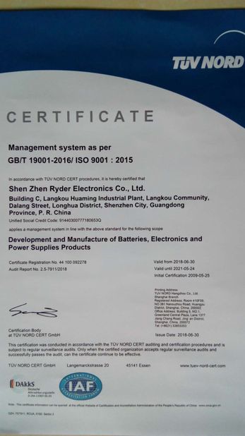 Çin Shenzhen Ryder Electronics Co., Ltd. Sertifikalar